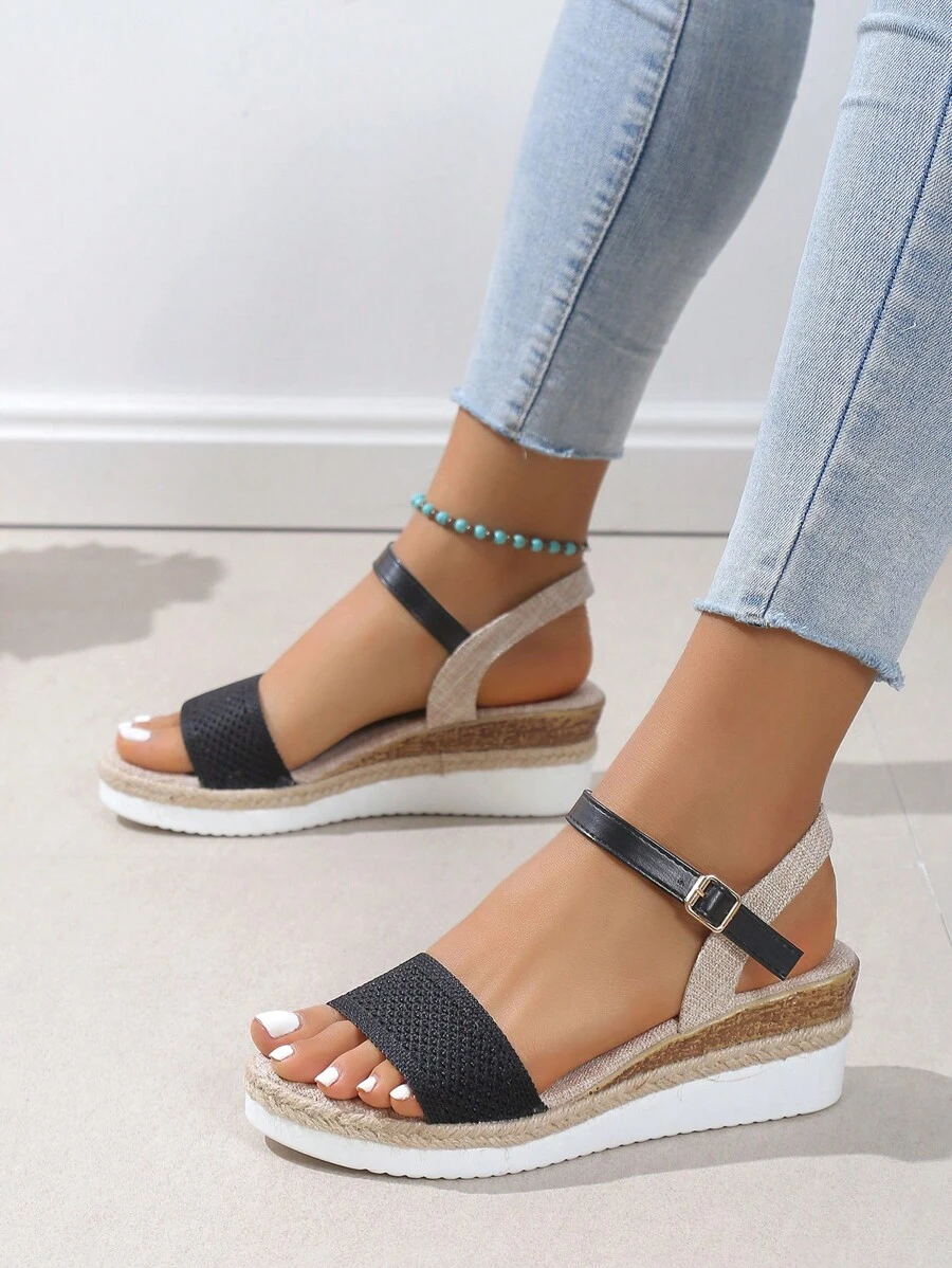 Xăng đan quai ngang mắt cá chân Espadrille đơn dành cho nữ, Xăng đan đế vải đi nghỉ mát cho mùa hè - màu đen - Xem 1