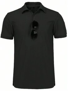 休閒鈕扣純色男士polo襯衫 - 黑色 - 查看 1