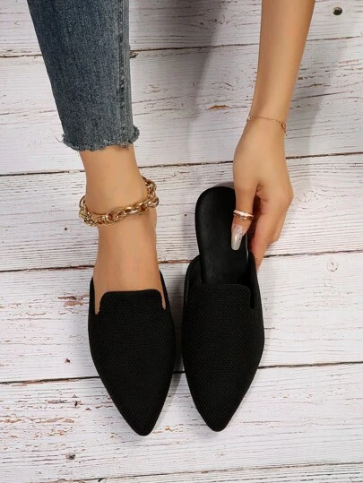 秋冬大码女式 35-45 花卉图案尖头一脚蹬平底穆勒鞋，时尚百搭酒红色鞋子，春夏