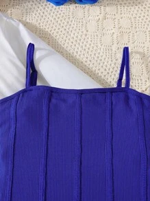 SHEIN Bộ hai mảnh Gái Gân đan Khối Màu Giải trí - Xanh và trắng - Xem 3