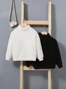 SHEIN 2Pcs/Set Young Boy Solid Fleece Stand Collar Sweatshirt For Warm Keeping - Black and White - View 1