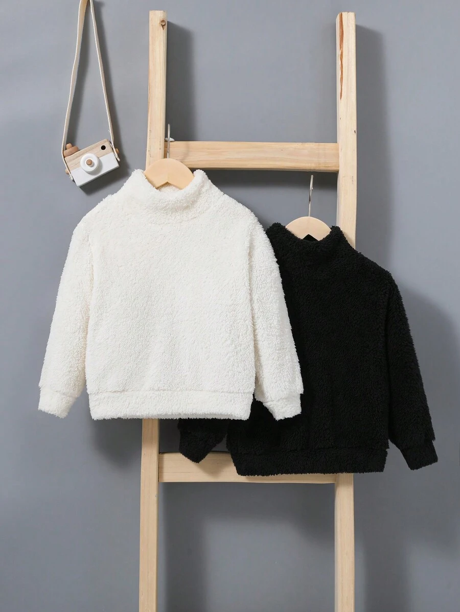SHEIN 2Pcs/Set Young Boy Solid Fleece Stand Collar Sweatshirt For Warm Keeping - Black and White - View 1