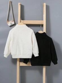SHEIN 2Pcs/Set Young Boy Solid Fleece Stand Collar Sweatshirt For Warm Keeping - Black and White - View 2