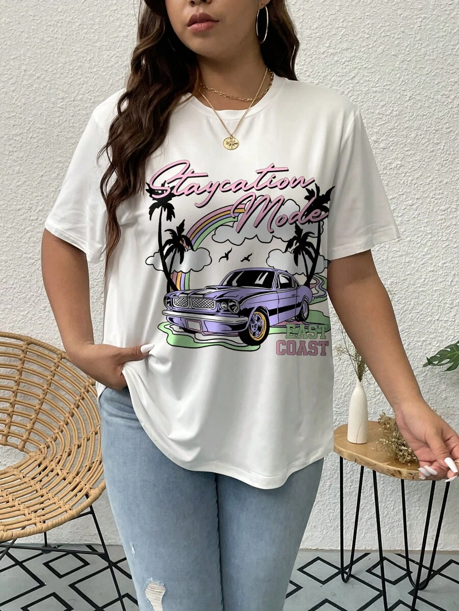 SHEIN Unity 大碼汽車和字母圖案T恤 - 白色 - 查看 1