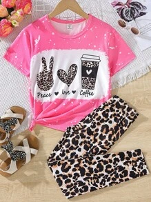 SHEIN 女孩字母和豹紋印花T恤和緊身褲 - 彩色 - 查看 1