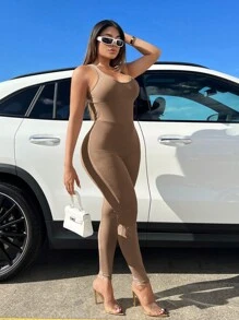 SHEIN SXY Solid Criss Cross Backless Ruched Unitard Jumpsuit - Khaki - View 2