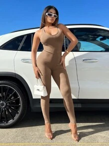 SHEIN SXY Solid Criss Cross Backless Ruched Unitard Jumpsuit - Khaki - View 5