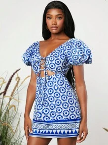 SHEINNeu Đầm Cắt ra Dây kéo Thắt nơ trước Hoa Tất cả trên in Boho - Xanh và trắng - Xem 6