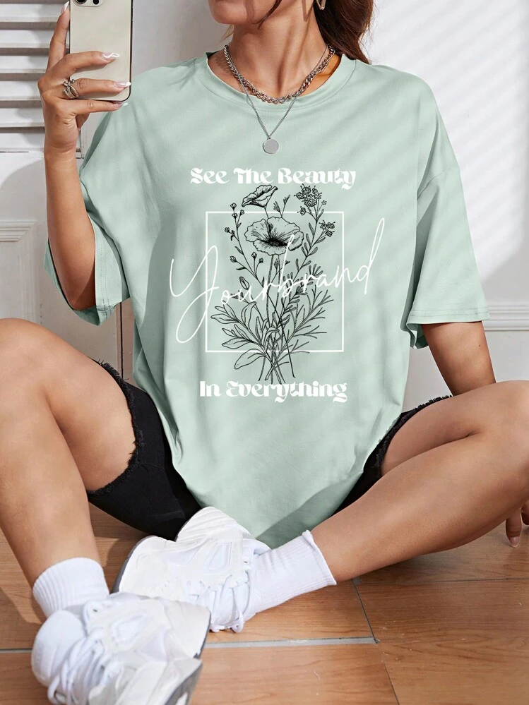 SHEIN Unity Đồ họa hoa & khẩu hiệu Áo thun Thả vai - Màu xanh Bạc hà - Xem 1
