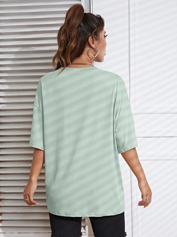 SHEIN Unity Đồ họa hoa & khẩu hiệu Áo thun Thả vai - Màu xanh Bạc hà - Xem 3