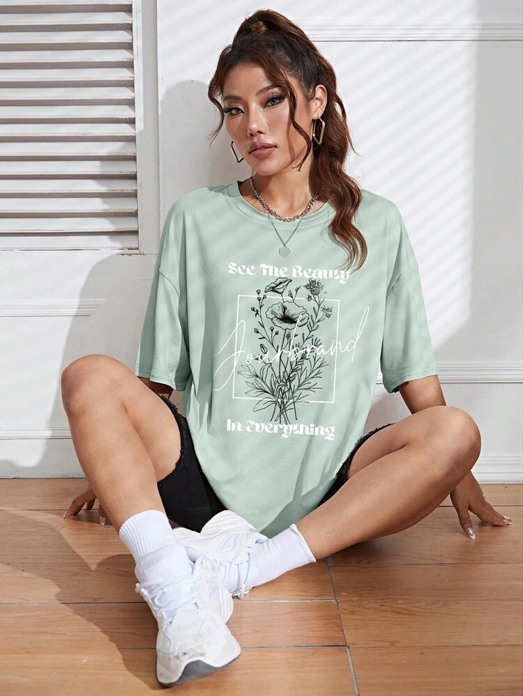 SHEIN Unity Đồ họa hoa & khẩu hiệu Áo thun Thả vai - Màu xanh Bạc hà - Xem 4