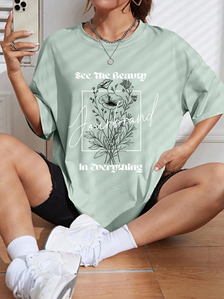 SHEIN Unity Đồ họa hoa & khẩu hiệu Áo thun Thả vai - Màu xanh Bạc hà - Xem 6