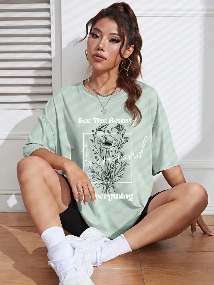 SHEIN Unity Đồ họa hoa & khẩu hiệu Áo thun Thả vai - Màu xanh Bạc hà - Xem 7