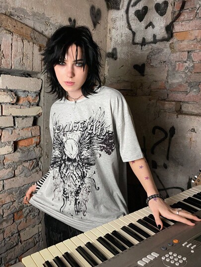 Grunge Punk Letter Graphic Drop Shoulder Tee Emo, School