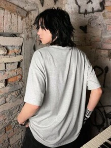 ROMWE Grunge Punk Letter Graphic Drop Shoulder Tee Emo, School - Light Grey - View 2