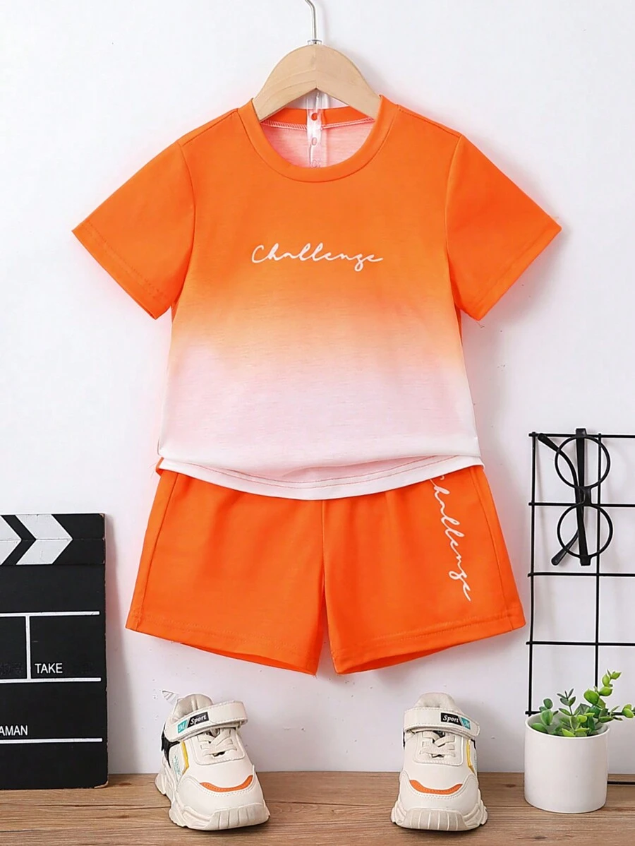SHEIN Bộ thời trang bé trai Lá thư Ombre Giải trí - trái cam - Xem 1