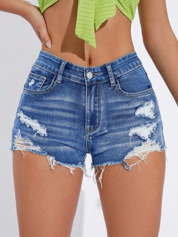 Vetinee Dames jeansshort Ripped High Waist Stretch Denim Shorts Korte