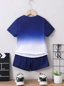 SHEIN 小男童字母圖案漸層T恤和短褲 - 藍白色 - 查看 2