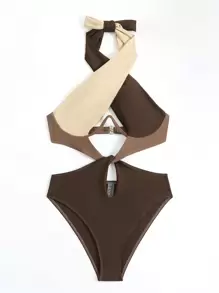 Swim SXY Colourblock Criss Cross Halter One Piece Swimsuit - Multicolor - View 3