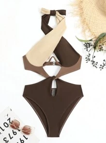 Swim SXY Colourblock Criss Cross Halter One Piece Swimsuit - Multicolor - View 6