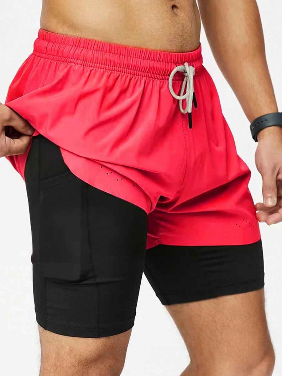 Manfinity Sport Corelite 男士二合一腰部抽繩運動短褲 - 玫紅色 - 查看 1