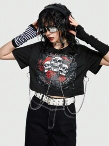 ROMWE Avant Skull & Floral Print Chain Detail Crop Tee - Black - View 2