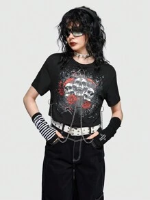 ROMWE Avant Skull & Floral Print Chain Detail Crop Tee - Black - View 3