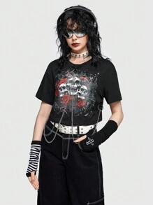 ROMWE Avant Skull & Floral Print Chain Detail Crop Tee - Black - View 5