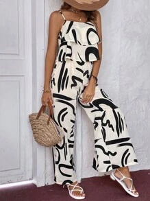 SHEIN LUNE Graphic Print Cami Top & Split Hem Pants - Multicolor - View 5