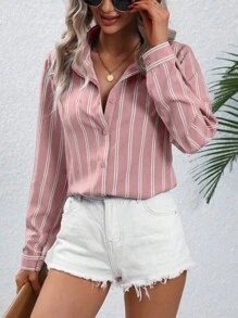 EMERY ROSE 条纹印花纽扣前襟衬衫，女士休闲纽扣长袖衬衫领常规版型常规粉色常规袖衬衫女式衬衫，春季/秋季，职业/商务装/工作服，长袖上衣 - 粉色 - 查看 5