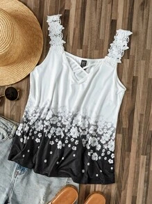 SHEIN LUNE Áo khoác và áo lót dành cho xe tăng nữ Đề can Tương phản ren Hội Chữ thập Hoa Giải trí - Đen và trắng - Xem 2