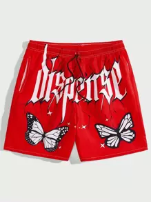 ROMWE MEN Street Life 男士蝴蝶&字母圖案束口腰短褲 - 紅色 - 查看 1