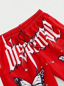 ROMWE MEN Street Life 男士蝴蝶&字母圖案束口腰短褲 - 紅色 - 查看 3