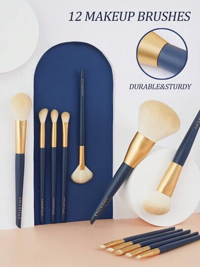 Amortals 12 piezas Juego de brochas de maquillaje, que incluye brocha para base, brocha para contorno, brocha para rubor, brocha para iluminador, brocha para sombrear la nariz, brocha para corrector, brocha para difuminar, brocha para sombra de ojos, brocha para delineador, brocha de detalle y brocha para cejas, adecuado para maquillaje de rostro completo, regalos, brochas de maquillaje profesionales, juego de maquillaje completo