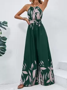 SHEIN VCAY 植物圖案闊腿連體褲 - 綠色 - 查看 1