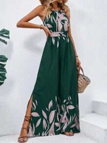 SHEIN VCAY 植物圖案闊腿連體褲 - 綠色 - 查看 3