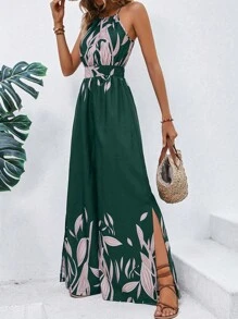 SHEIN VCAY 植物圖案闊腿連體褲 - 綠色 - 查看 4