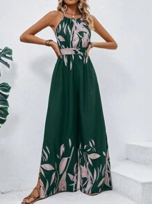 SHEIN VCAY 植物圖案闊腿連體褲 - 綠色 - 查看 5