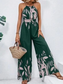 SHEIN VCAY 植物圖案闊腿連體褲 - 綠色 - 查看 6