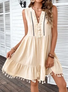 SHEIN VCAY 流蘇邊荷葉邊娃娃裙 - 杏色 - 查看 1