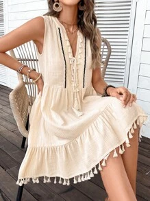 SHEIN VCAY 流蘇邊荷葉邊娃娃裙 - 杏色 - 查看 3