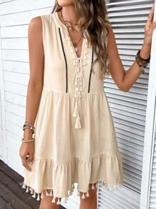 SHEIN VCAY 流蘇邊荷葉邊娃娃裙 - 杏色 - 查看 4