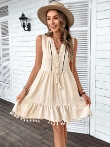 SHEIN VCAY 流蘇邊荷葉邊娃娃裙 - 杏色 - 查看 5