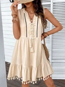 SHEIN VCAY 流蘇邊荷葉邊娃娃裙 - 杏色 - 查看 6