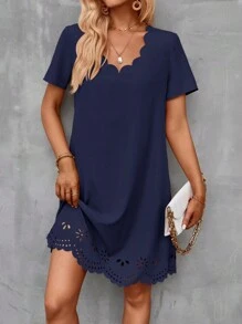SHEIN Clasi Laser Cut Scallop Trim Dress - Navy Blue - View 1