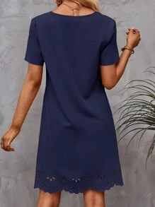 SHEIN Clasi Laser Cut Scallop Trim Dress - Navy Blue - View 2