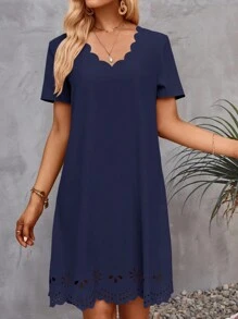 SHEIN Clasi Laser Cut Scallop Trim Dress - Navy Blue - View 3