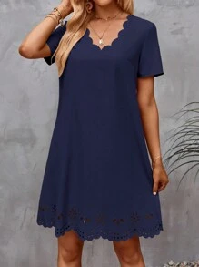 SHEIN Clasi Laser Cut Scallop Trim Dress - Navy Blue - View 5