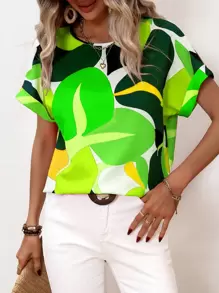 SHEIN Clasi Graphic Print Batwing Sleeve Blouse - Green - View 3