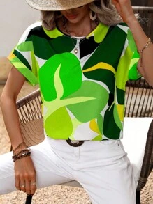 SHEIN Clasi Graphic Print Batwing Sleeve Blouse - Green - View 6